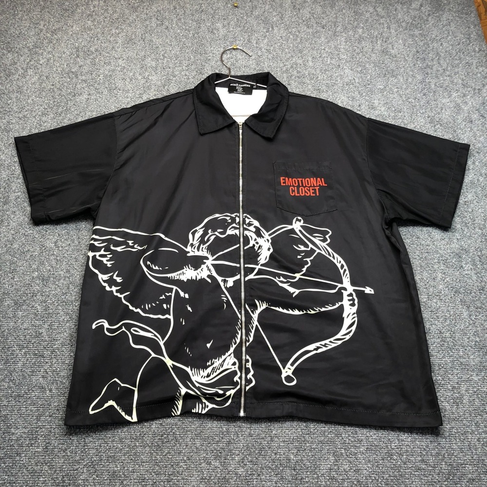 Mixed Emotion Cupid Zip Up Shirt Mens XL Black Streetwear Emotional Closet Short